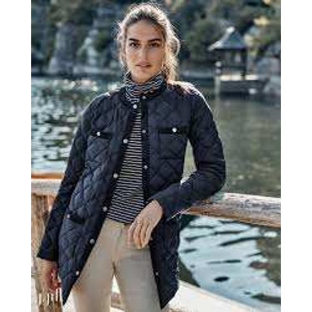 J.‎ Jill Down Quilted Puffer Coat Navy Blue Grosgrain Trim Snap Front XS Petite